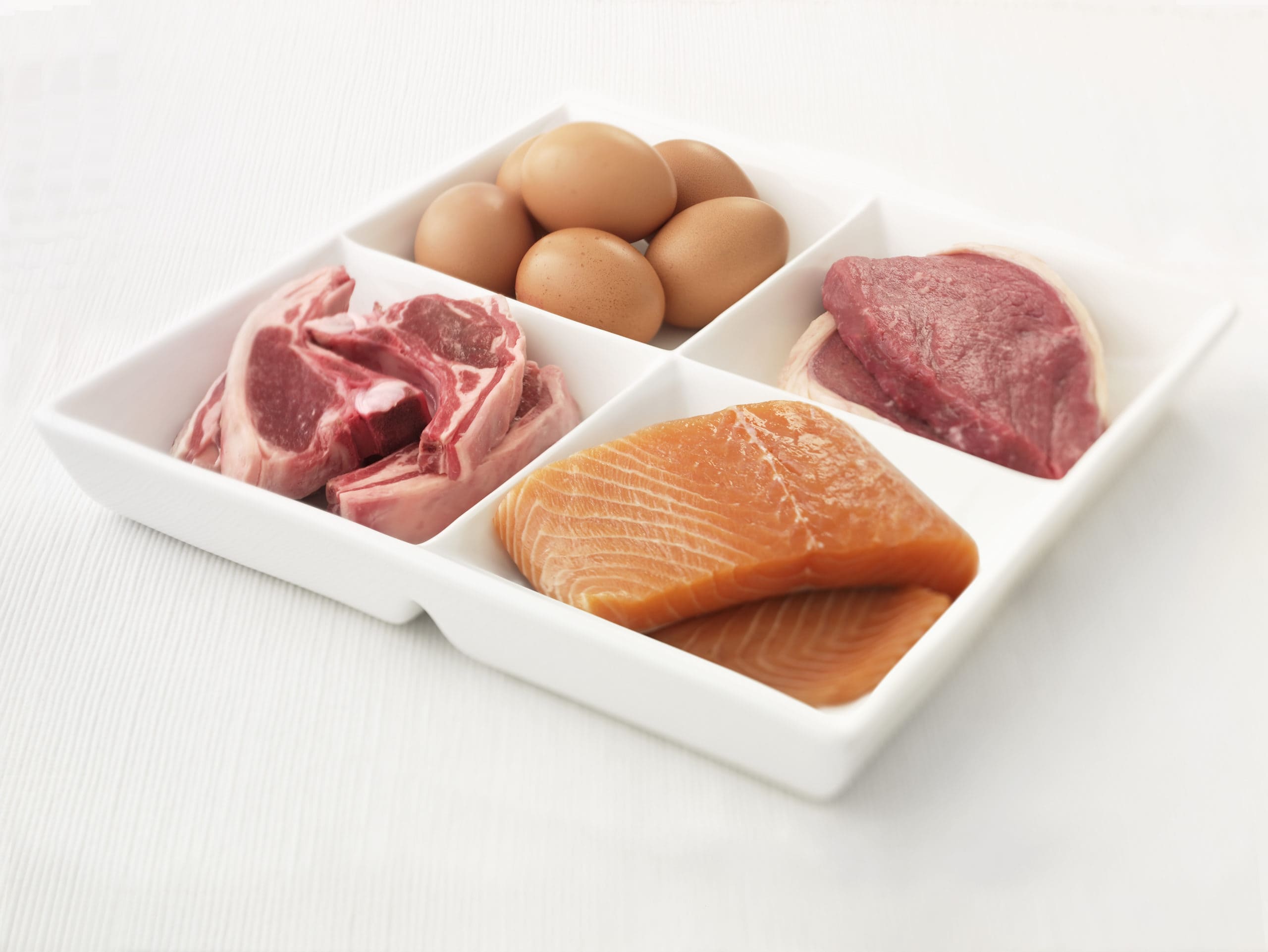 photo montrant les sources de protéines : saumon, oeuf, viande rouge