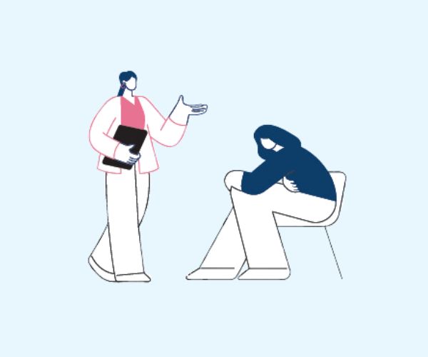 pictogramme #pansezsansdouleur patiente qui présente une douleur assise sur une chaise et une professionnelle de la santé s'approche d'elle