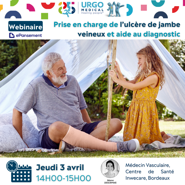Bannière d'invitation webinaire Urgo Medical sur la prise en charge de l'ulcère de jambe veineux